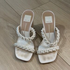 Dolce Vita Pearl-Trim Braided Strap Cream Heeled Sandals